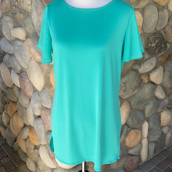 Susan Graver Solid Turquoise Flutter Sleeve Blouse XS - Picture 8 of 11
